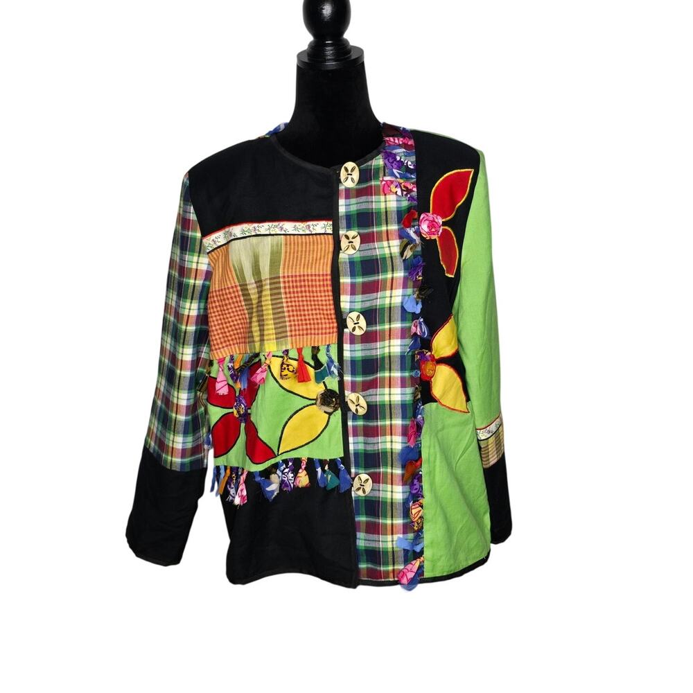 VTG Allure Women’s Large Patchwork Art to Wear Jacket Plaid Floral Tassel Fringe